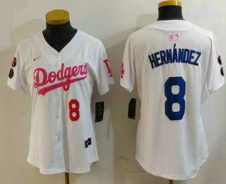 Womens Los Angeles Dodgers #8 Kike Hernandez Number White Pink With Patch Limited Stitched Jersey